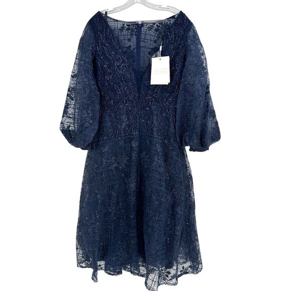 Mac Duggal Women's Blue Embellished Plunge Neck Bishop Sleeve Dress Size 14 - Picture 3 of 10